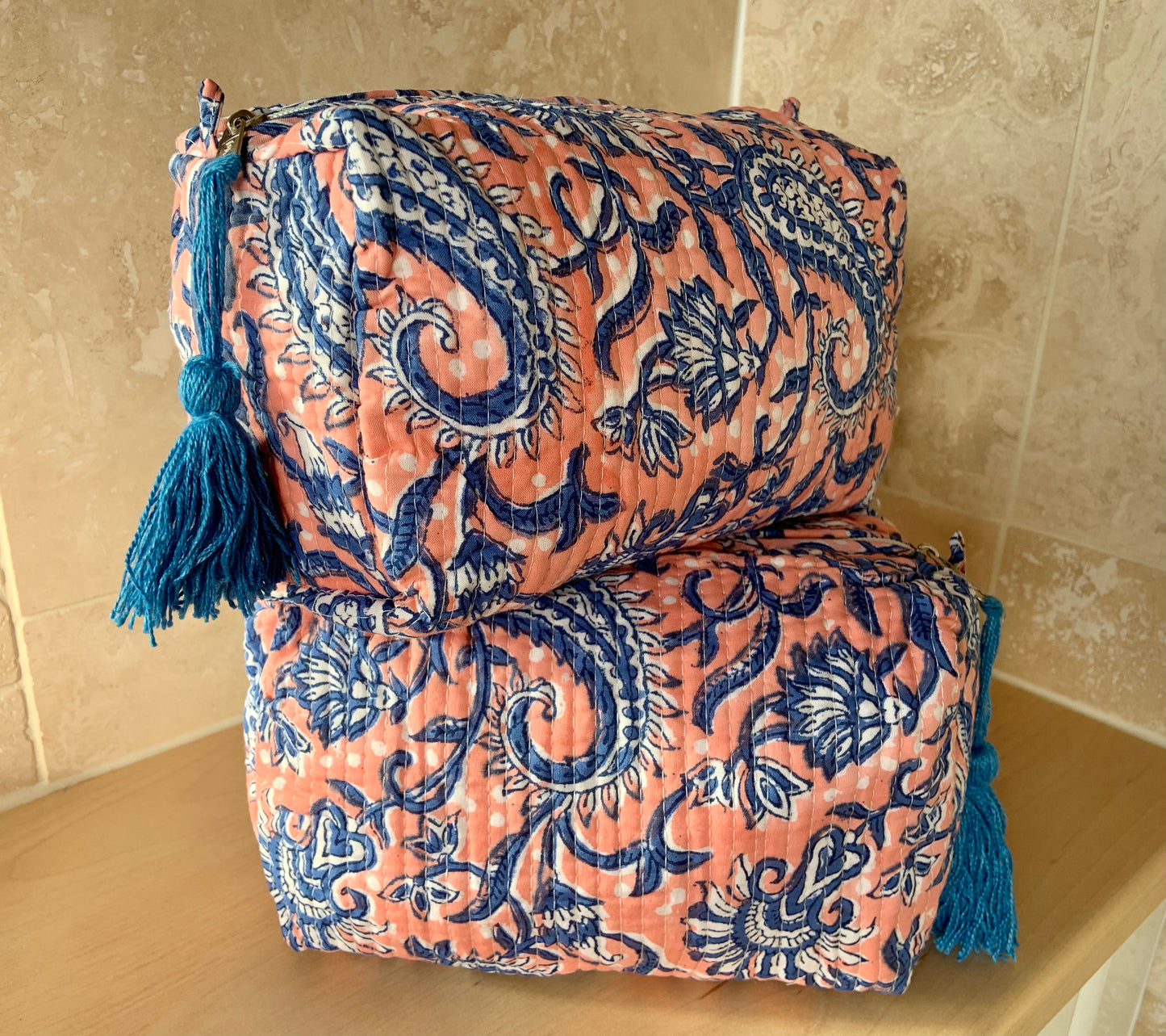 The Midlothian - Cotton Quilted Block - Print Blue and Apricot coloured Wash Bag