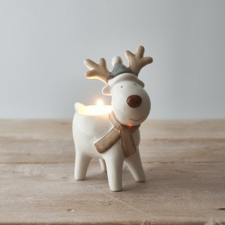 White ceramic reindeer T light holder