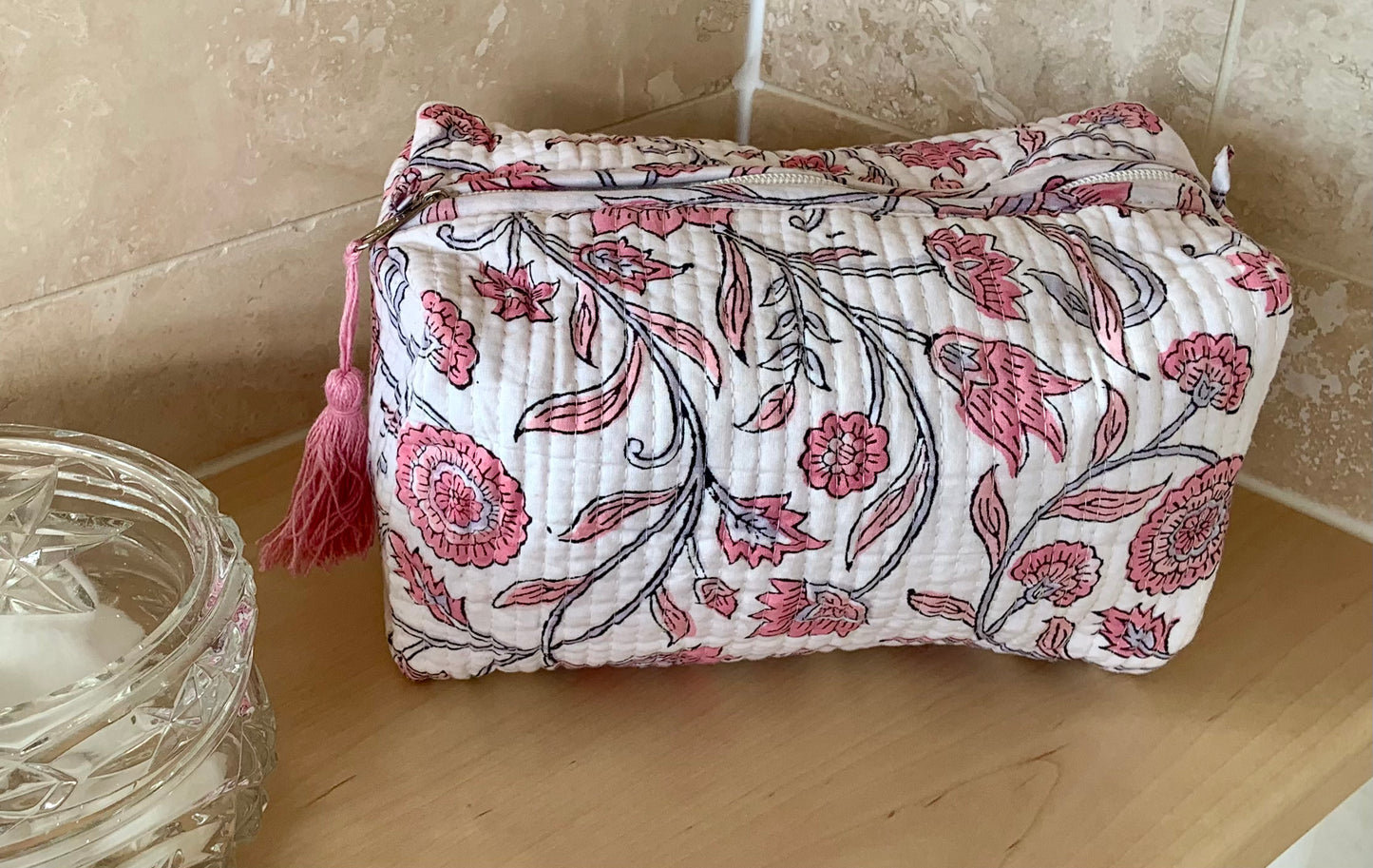 The Sussex - Cotton Quilted Block - Print Pink and White Wash Bag