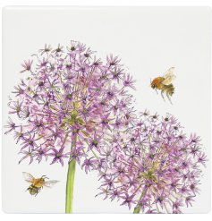 Allium and Bees Botanical Ceramic Coaster