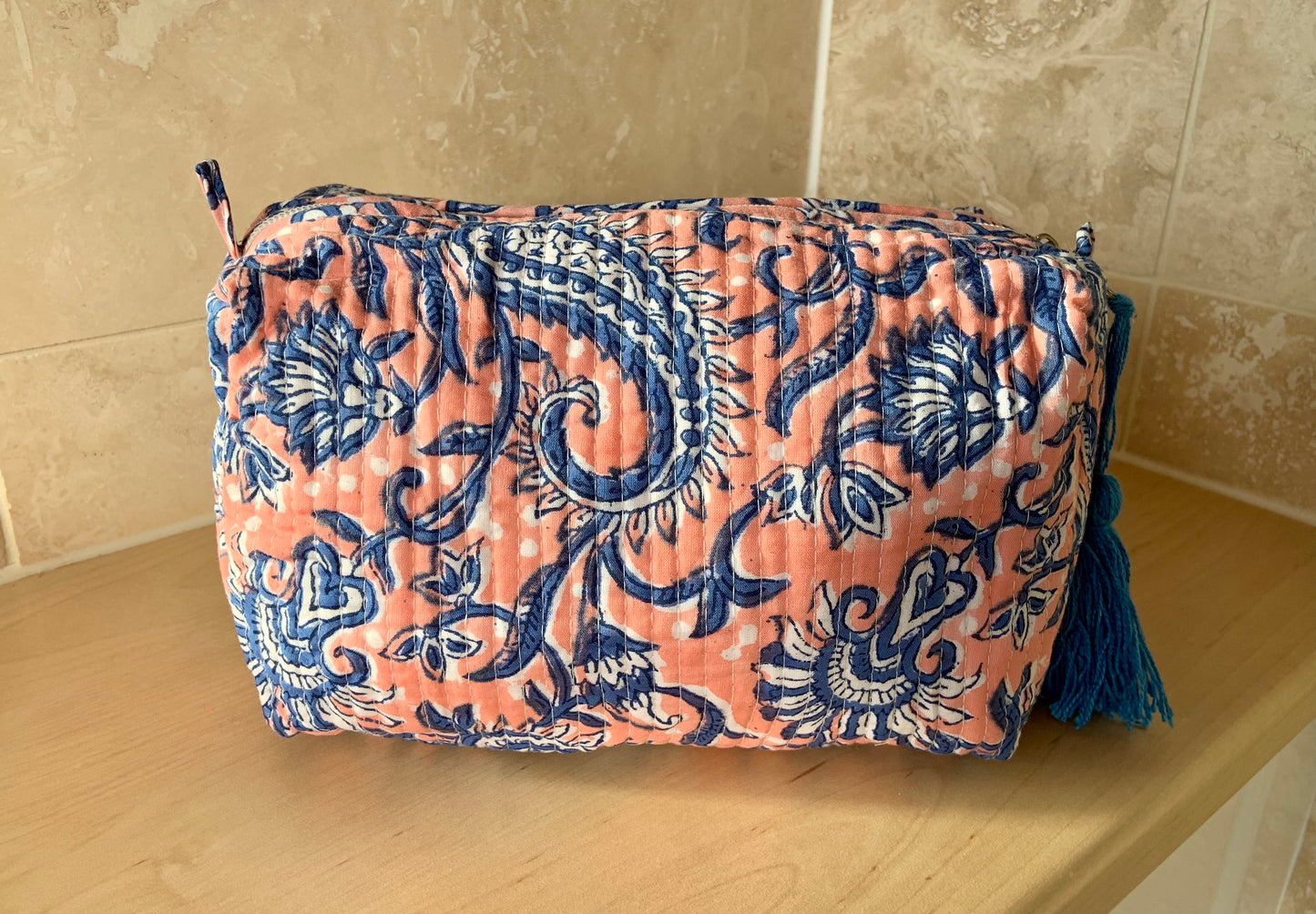 The Midlothian - Cotton Quilted Block - Print Blue and Apricot coloured Wash Bag